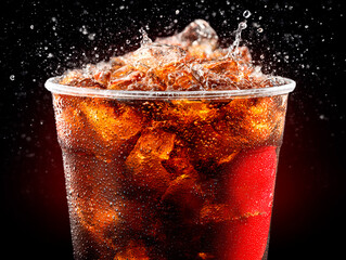 
overflowing soda with ice in a branded cup, bubbles, condensation, unhealthy beverage vibe, close-up shot

