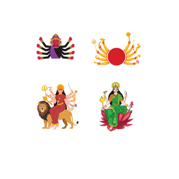 Durga Puja Vector Set &ndash; Maa Durga Killing Mahishasura, Goddess on Lion, Traditional Idol Illustration...