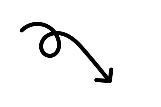 Black curly arrow hand drawn doodle sketch element pointing down for highlights, notes, presentations, infographics, and creative decoration