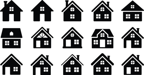 Black house icons, architectural design variations, roof styles, window placements, chimney silhouettes, home vector set, residential building symbols