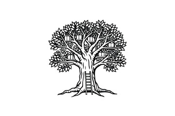 Obraz premium A tree with a ladder and treehouses in the branches is shown here silhouette