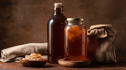 Still life composition of artisanal food preserves featuring honey and other naturally preserved delicacies in glass jars