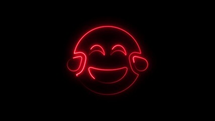 Glowing red laughing face emoji in neon style on a black background - Powered by Adobe