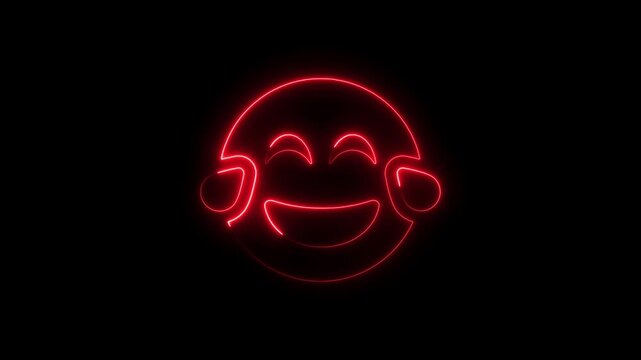Glowing red laughing face emoji in neon style on a black background