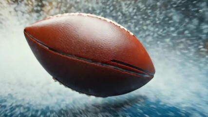 Dynamic close-up of brown football caught amidst cold, splashing water environment, symbolizing athletic vigor and game intensity