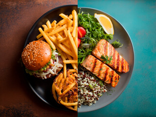 
split view: left side fast food meal with greasy burger and fries, unhealthy glow; right side shows a clean plate with grilled salmon, quinoa, and vegetables, wellness style