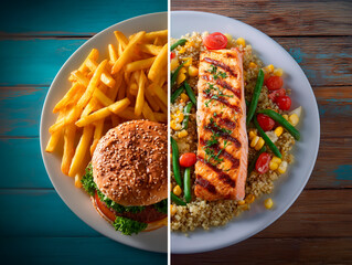 
split view: left side fast food meal with greasy burger and fries, unhealthy glow; right side shows a clean plate with grilled salmon, quinoa, and vegetables, wellness style