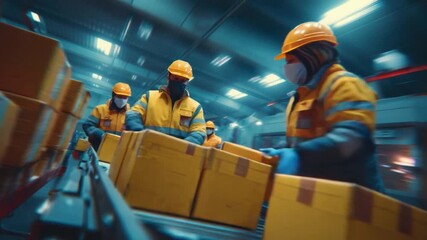 Warehouse Workers: A team of diligent workers dressed in safety gear moves boxes through a fast-paced, industrial warehouse environment. The focus is on efficient logistics. - Powered by Adobe