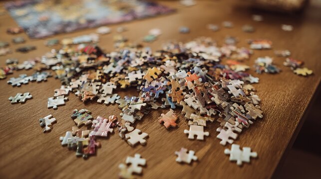 Puzzle pieces scattered on a wooden surface creating a challenging and engaging visual The pieces are colorful and varied in shape