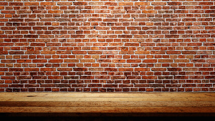 Rustic wooden table or shelf for product display with brick wall background. Product presentation, mockup, copy space, and template