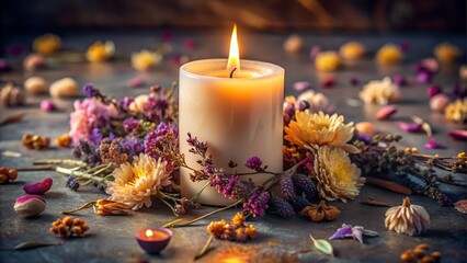 Burning candle with flowers and scattered elements
