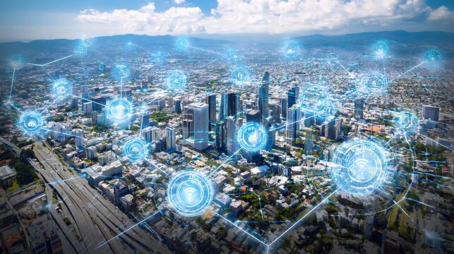 Aerial view of connected cityscape showcasing seamless communication infrastructure and efficient urban networks for a modern society