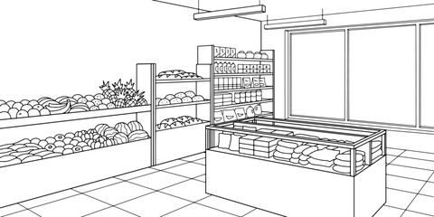 Grocery store shop interior black white graphic sketch illustration vector 