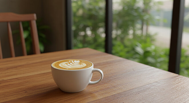 coffee latte art on wood table in cafe nature light 