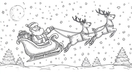 Santa's sleigh, pulled by two reindeer, flies through snow; trees below, full moon