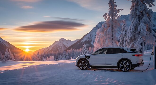 Electric SUV charging at winter sunrise