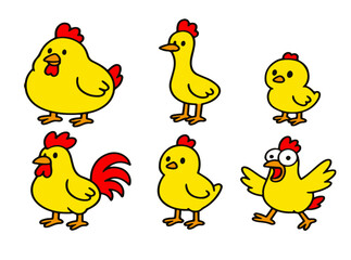 Vector illustration of a cute cartoon chicken and funny poses.chicken  characters in bright yellow color with red details. Perfect for children’s book illustration, mascot design, sticker, educational