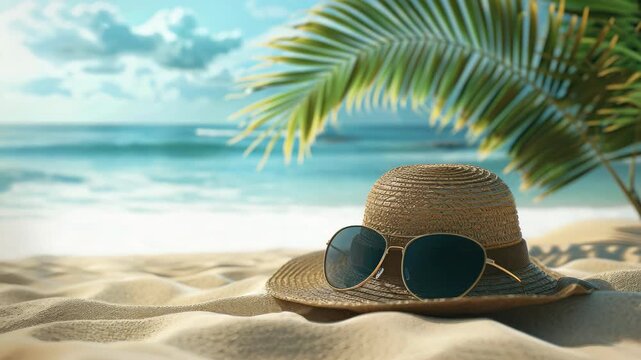 Straw sunhat and dark glasses on sandy shore, tropical paradise