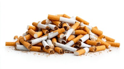 Pile of cigarette butts on white background. Artificial intelligence image