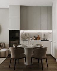 A chic dining space with a round table, modern chairs, and a stylish kitchen featuring neutral cabinetry and a marble backsplash.