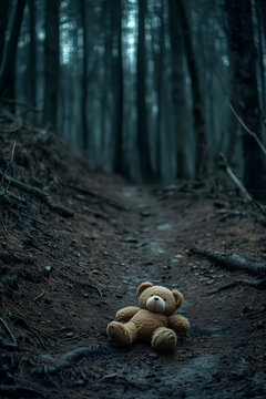 Horror Book Cover: A Creepy Teddy Bear in a Haunted Woods at Night.