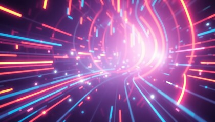 Fototapeta premium Vibrant digital tunnel with glowing red and blue light lines and particles, illustrating fast data flow, connection, and futuristic technology concepts.