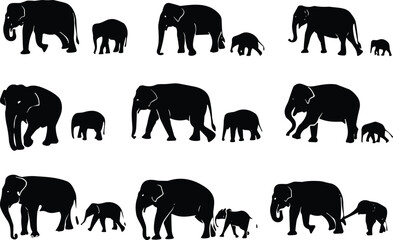 Elephant silhouette set, adult and baby, walking pose, black vector, wildlife icon, animal bond, nature, isolated, family, collection