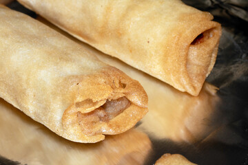 Close Up of Party Food Mini Appetisers Chinese Spring Rolls
