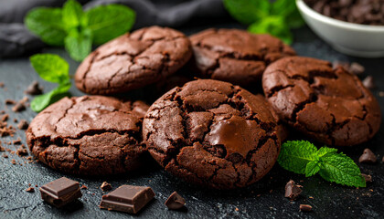 Fototapeta premium Delicious Dark Chocolate Crinkle Cookies, Fresh Mint and Chocolate Chunks on a Dark Background, Decadent Dark Chocolate Cookies Garnished with Mint, Chocolate and Chocolate Chips