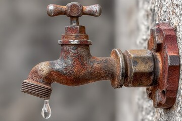 Water Drop: An old, rustic faucet, showing a single drop of water, hanging on a stone wall, telling a story of both simplicity and age.