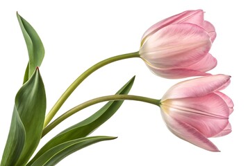 Fototapeta premium Two pink tulips with green leaves on white space