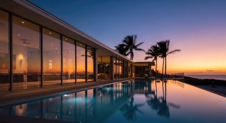 Obraz premium Modern house with pool at sunset tropical vacation destination