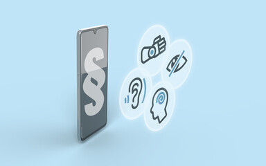 A smartphone with paragraph symbol (§) on its screen represents accessibility laws like the BFSG and EAA. Icons of visual, cognitive, hearing, and motor impairments show the scope of regulations.