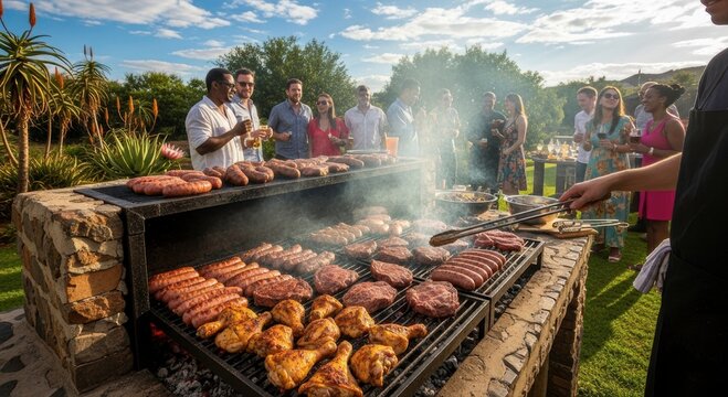 Barbecue Bonanza: A lively outdoor barbecue, sizzles with an array of grilled meats. People gather around the feast, a testament to good times and delicious flavors. 