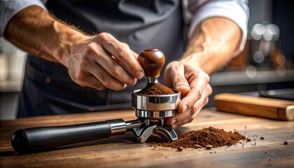 Barista Tamping Coffee Grounds In Portafilter On Wooden Table