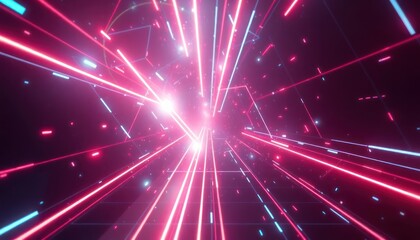 Naklejka premium Abstract digital tunnel with glowing neon lines and particles, representing data flow, internet, or a futuristic journey. Ideal for technology, business, or lifestyle projects.