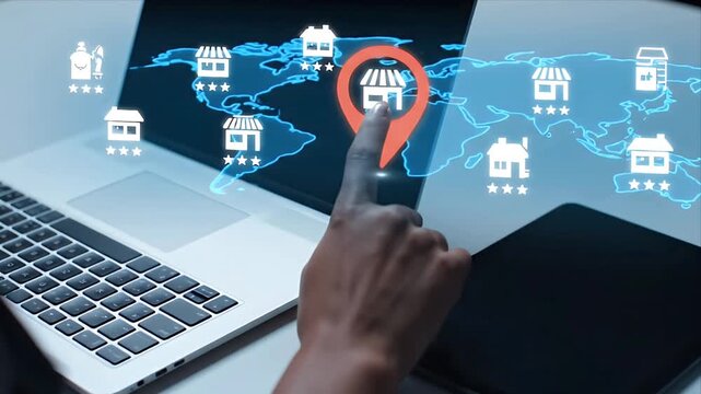 Person analyzing global business map on laptop with store location icons and star ratings