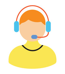 A colorful flat design vector icon of a customer service representative or call center operator wearing a headset with a microphone.