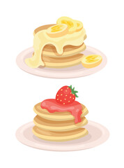 Pancakes with jam. Flat vector clipart, illustration with isolated background.