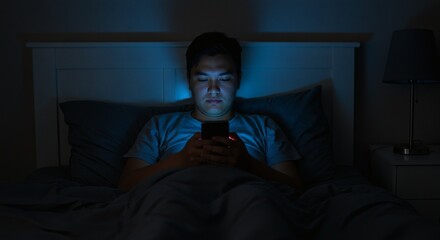 Late Night Connection Asian man on phone in bed with illuminated by screen glow.