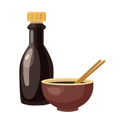 Soy sauce bottle and bowl. Flat vector clipart, illustration with isolated background.