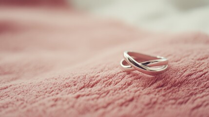 Elegant intertwined silver bands resting on a plush pink velvet cushion with soft background blur, romantic and luxurious vibe, perfect for engagement or wedding themes