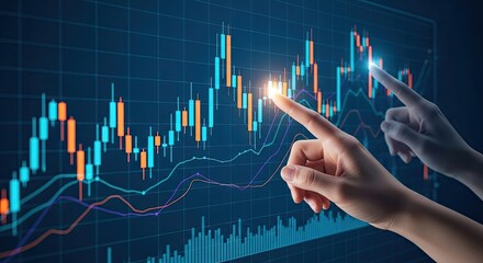 Fingers pointing at a glowing stock market trading chart with candlestick bars and moving averages