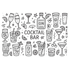 Alcohol cocktail bar doodle set vector