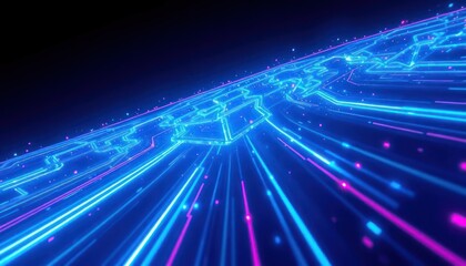 Dynamic abstract digital background with glowing neon lines representing data flow and high-speed internet. Ideal for technology, business, or innovation concepts.