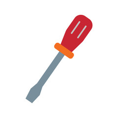 A simple flat vector icon illustration of a classic flat-head screwdriver, featuring a red handle, an orange ring, and a grey shaft.
