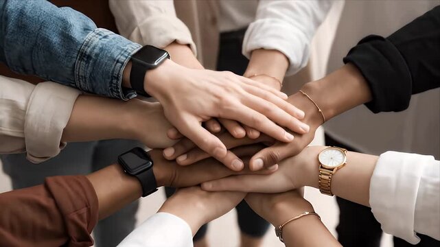 Diverse Group of People Stacking Hands for Teamwork, Unity, and Collaboration