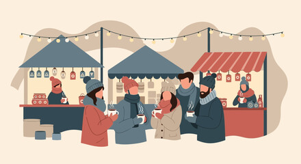 Cozy winter market scene with hot drinks and cheerful vendors