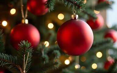 Obraz premium Red decoration balls on christmas tree branch. High quality