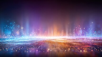 Abstract digital landscape, vibrant lights, particles